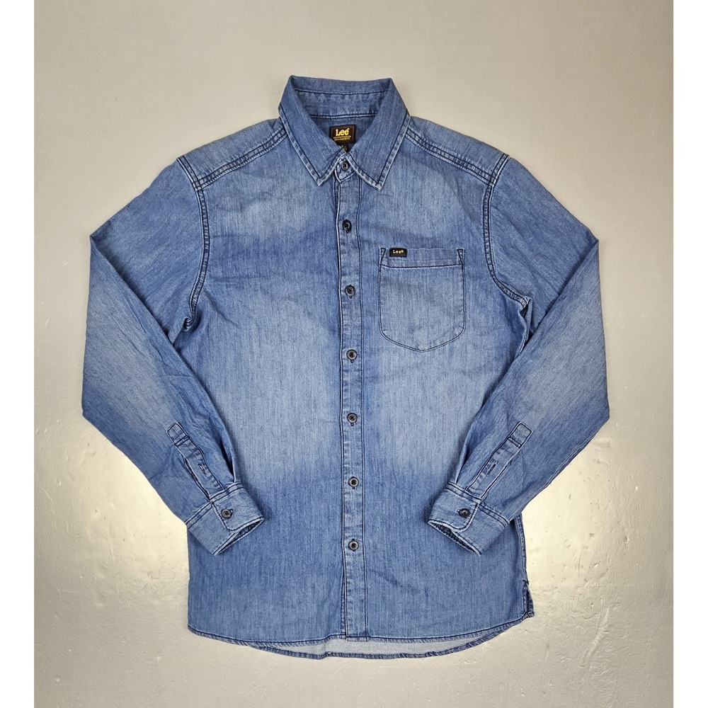 LEE Jean Button Down Shirt Mens Small Blue Denim Western Work Long‎ Sleeve